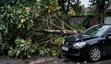 Чудом выжили: дерево рухнуло на автомобиль с людьми в Жетысу