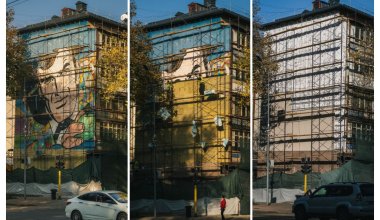 В Алматы спрятали под новым фасадом знаменитый мурал «Отец яблок»